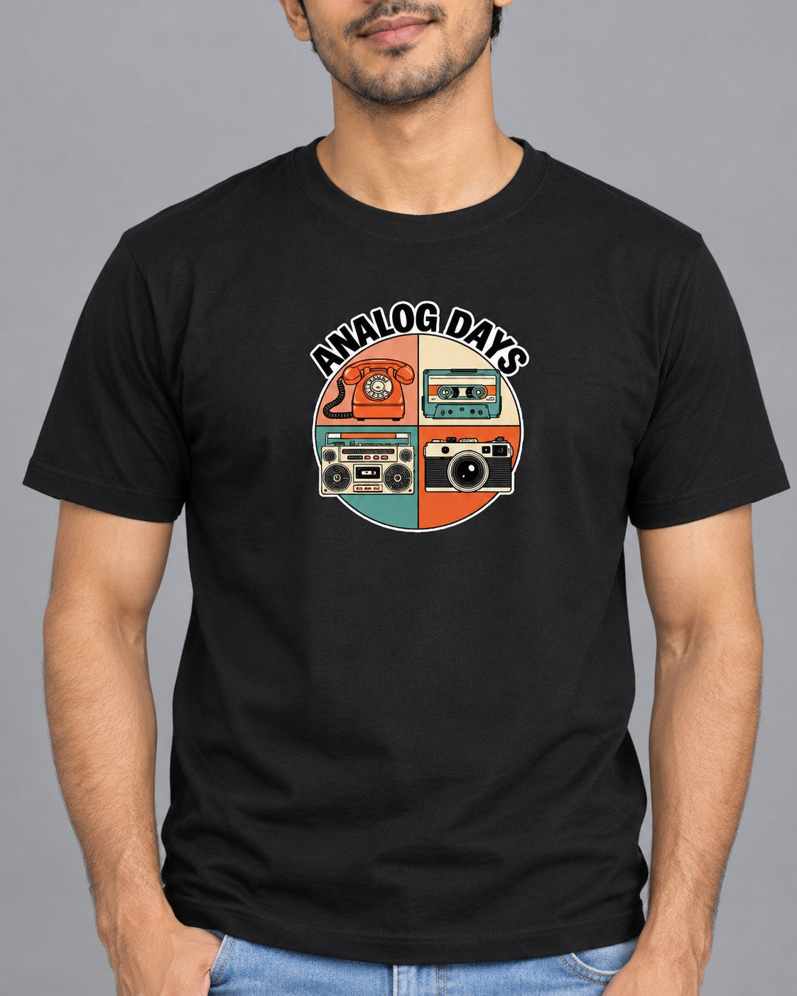 Black | Close-up of Analog Days retro print on black t-shirt