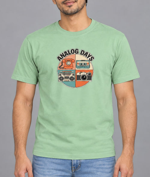 Jade | Close-up of Analog Days print on jade t-shirt