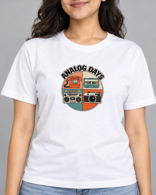 White | Close-up of Analog Days retro print on white t-shirt