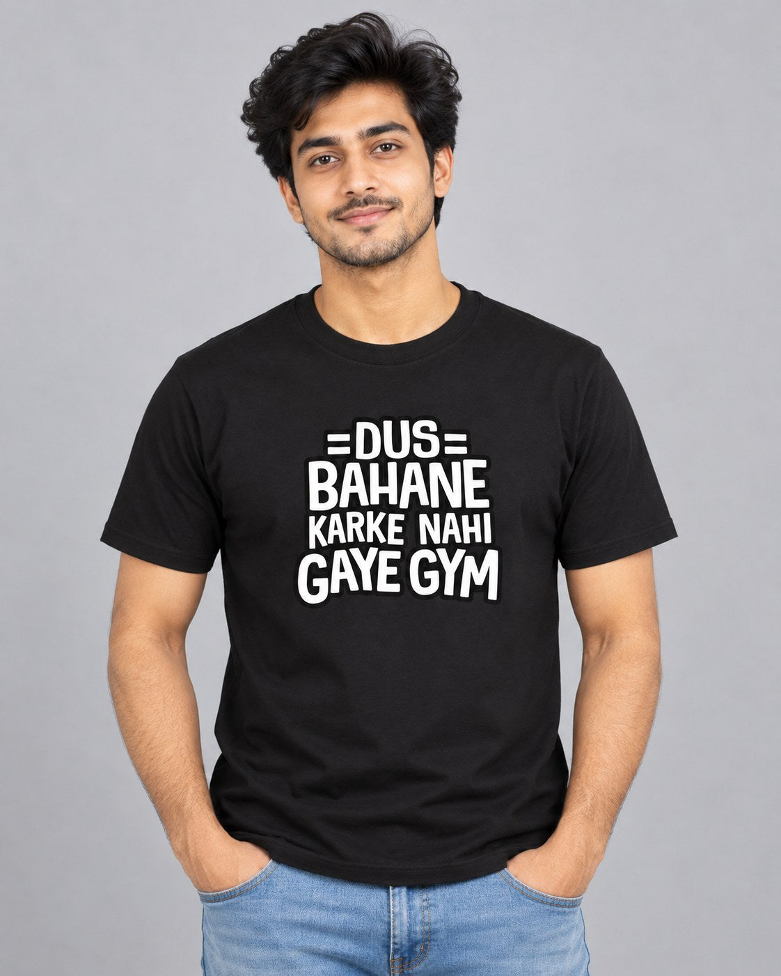 Black | Male model wearing Dus Bahane Karke Nahi Gaye Gym black t-shirt