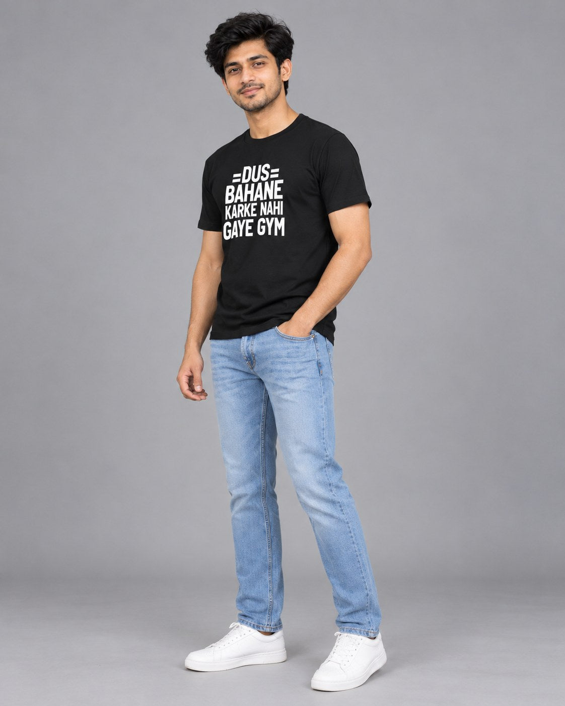 Black | Regular fit view of Dus Bahane Karke Nahi Gaye Gym black t-shirt