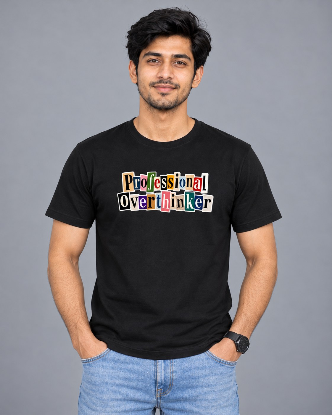 Black | Male model wearing Professional Overthinker black t-shirt