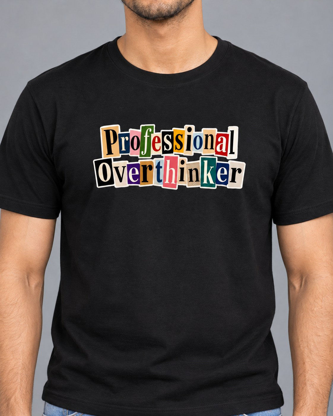 Black | Close-up of Professional Overthinker print on black t-shirt