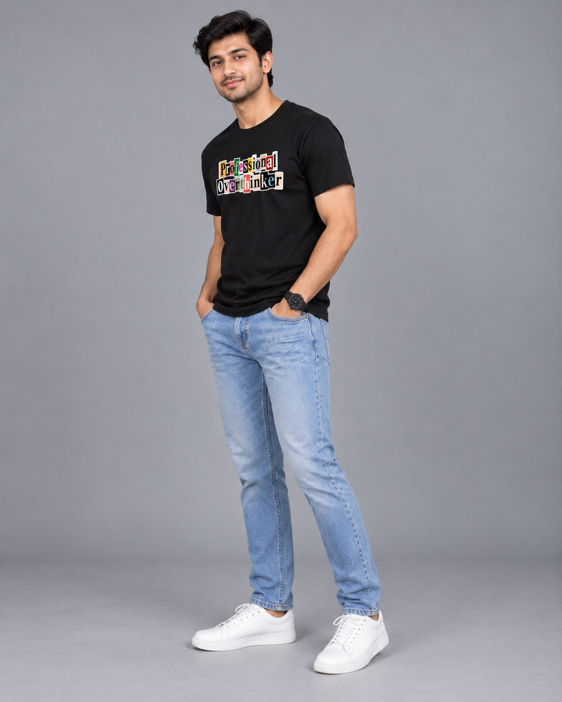 Black | Regular fit view of Professional Overthinker black t-shirt