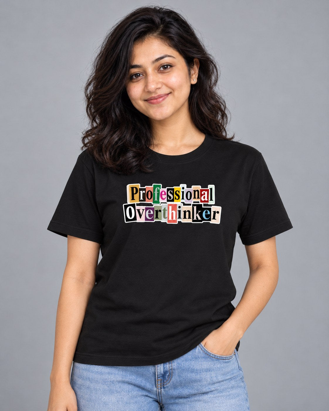 Black | Female model wearing Professional Overthinker black t-shirt