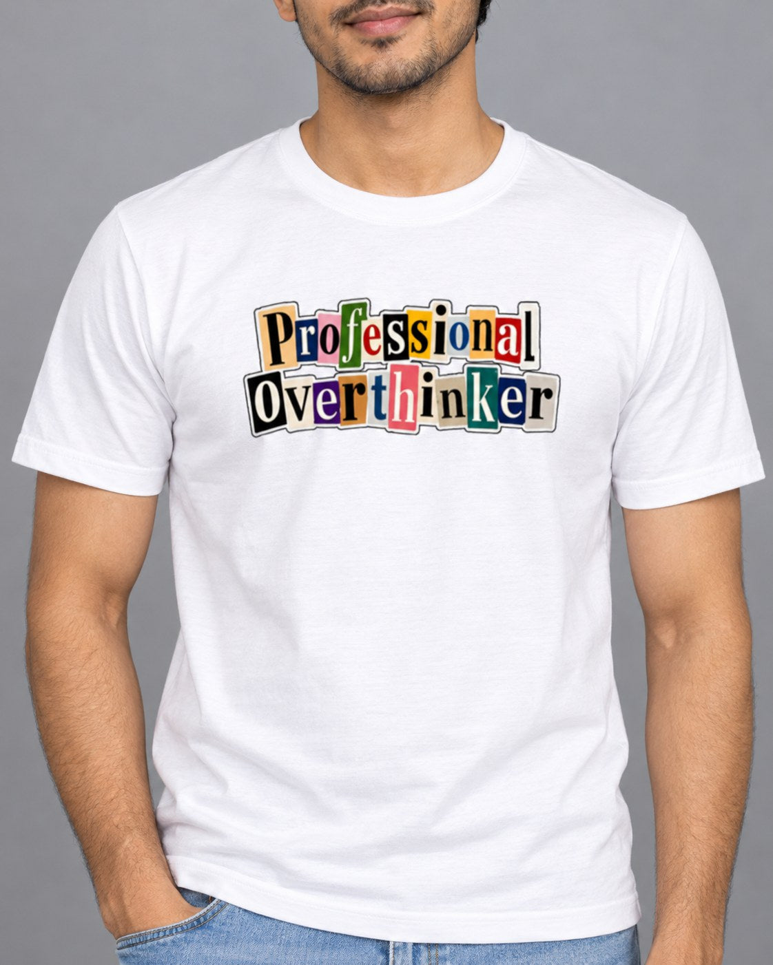 White | Close-up of Professional Overthinker print on white t-shirt